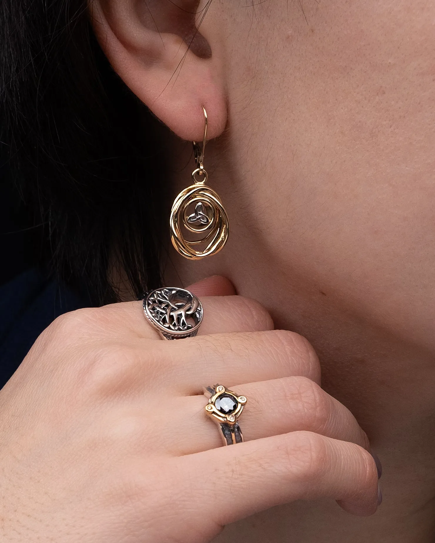10k or 14k Yellow and White Gold Celtic Cradle of Life Drop Earrings