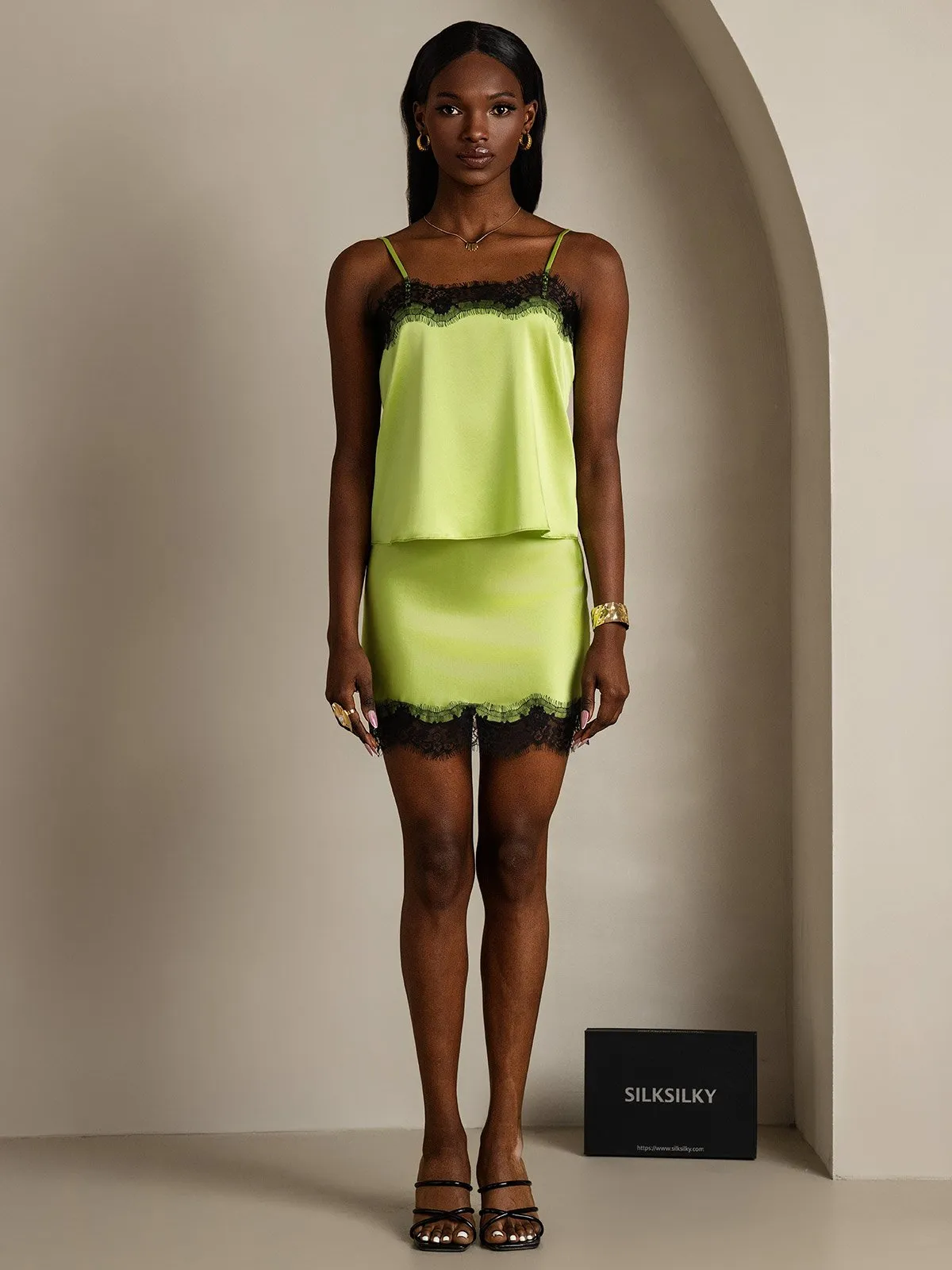 19Momme Silk Spaghetti Strap Camisole Short skirt Set
