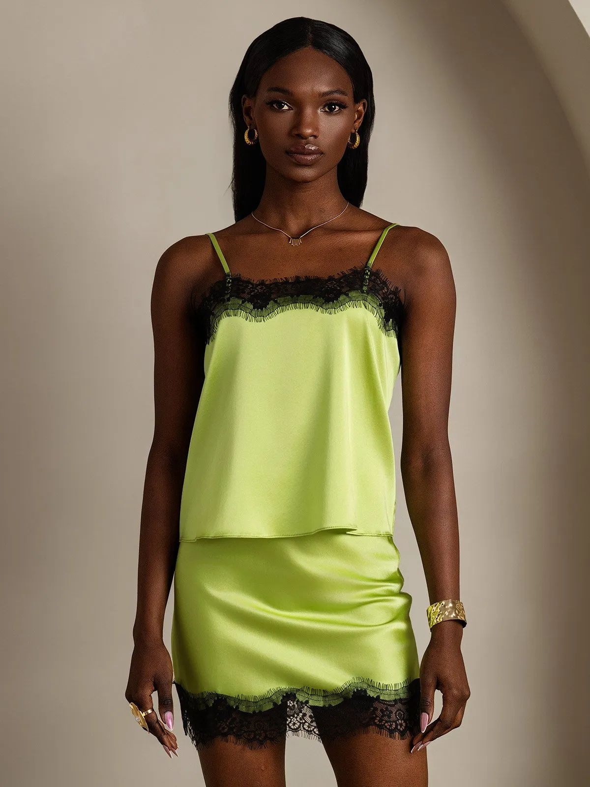 19Momme Silk Spaghetti Strap Camisole Short skirt Set