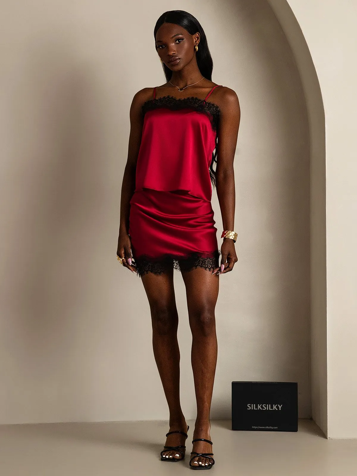 19Momme Silk Spaghetti Strap Camisole Short skirt Set