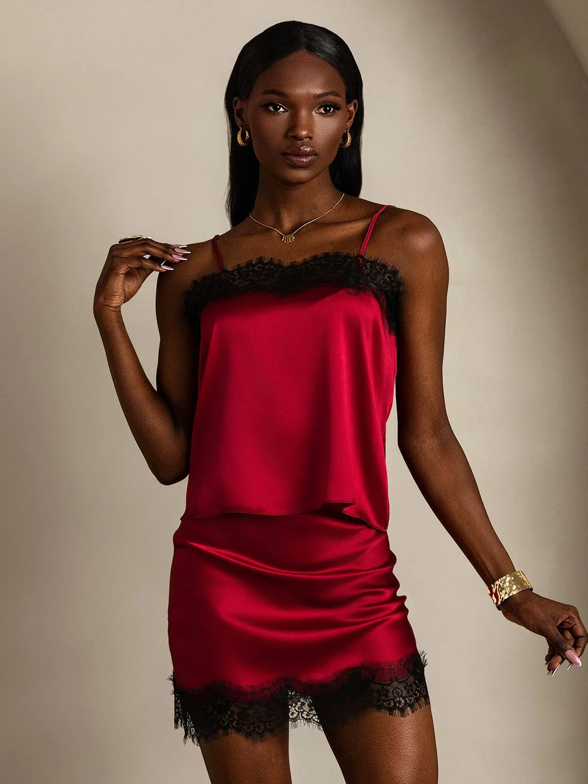 19Momme Silk Spaghetti Strap Camisole Short skirt Set