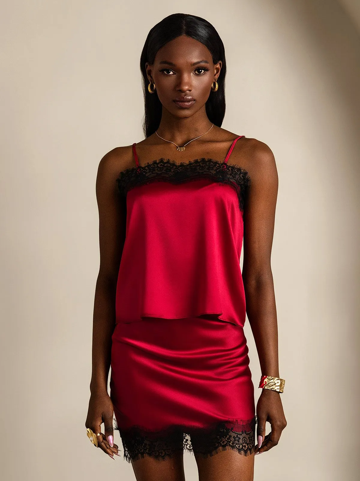 19Momme Silk Spaghetti Strap Camisole Short skirt Set