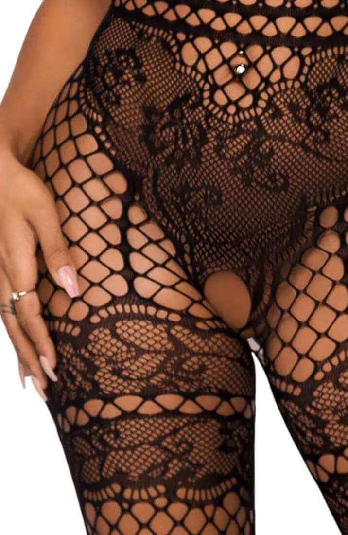 Black crotchless halter neck bodystocking - On Display