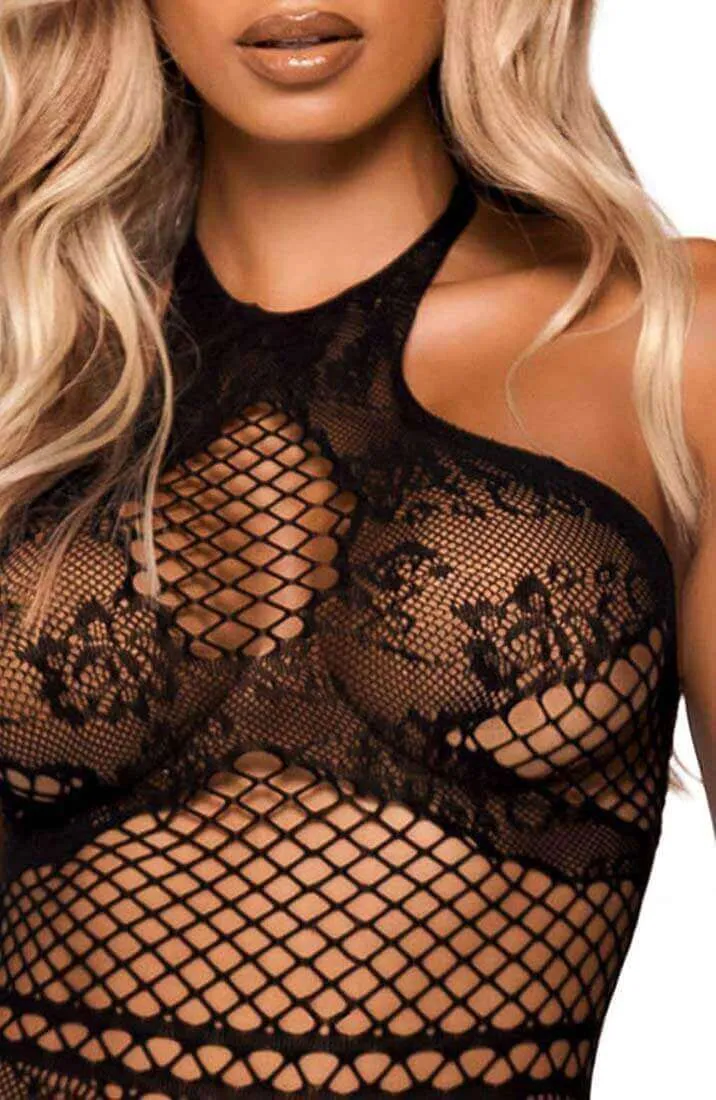 Black crotchless halter neck bodystocking - On Display