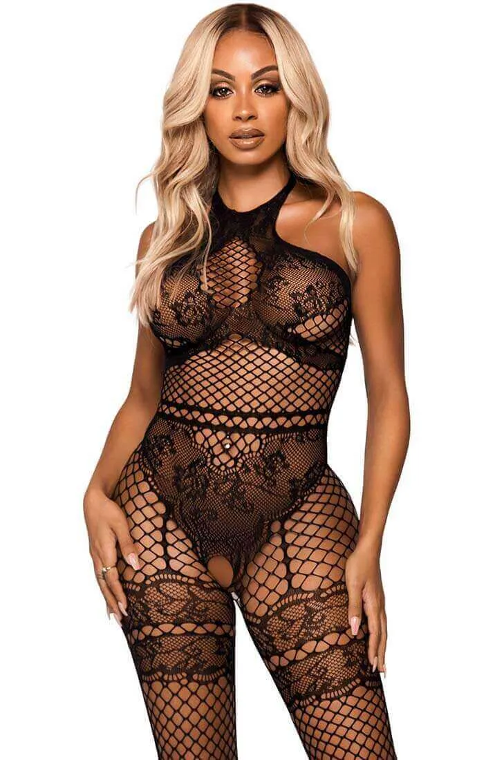 Black crotchless halter neck bodystocking - On Display