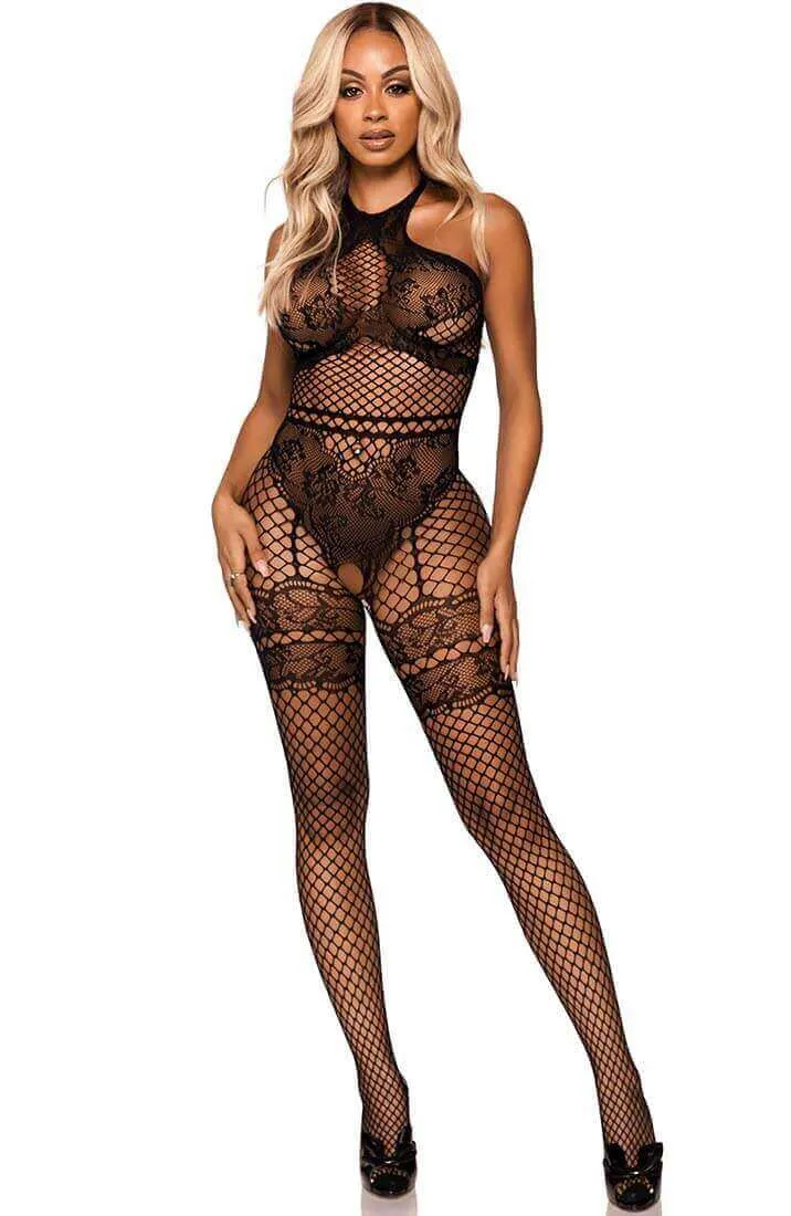 Black crotchless halter neck bodystocking - On Display