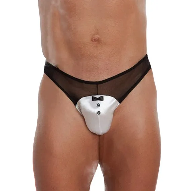 Chilot tanga bărbați SOFTLINE Thong 4467. lenjerie sexy cu design tuxedo cu papion. din plasă și satin. negru cu alb. mărime M/L