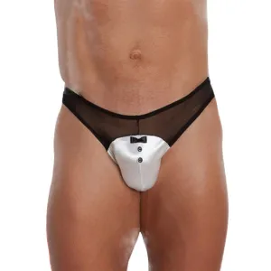 Chilot tanga bărbați SOFTLINE Thong 4467. lenjerie sexy cu design tuxedo cu papion. din plasă și satin. negru cu alb. mărime M/L