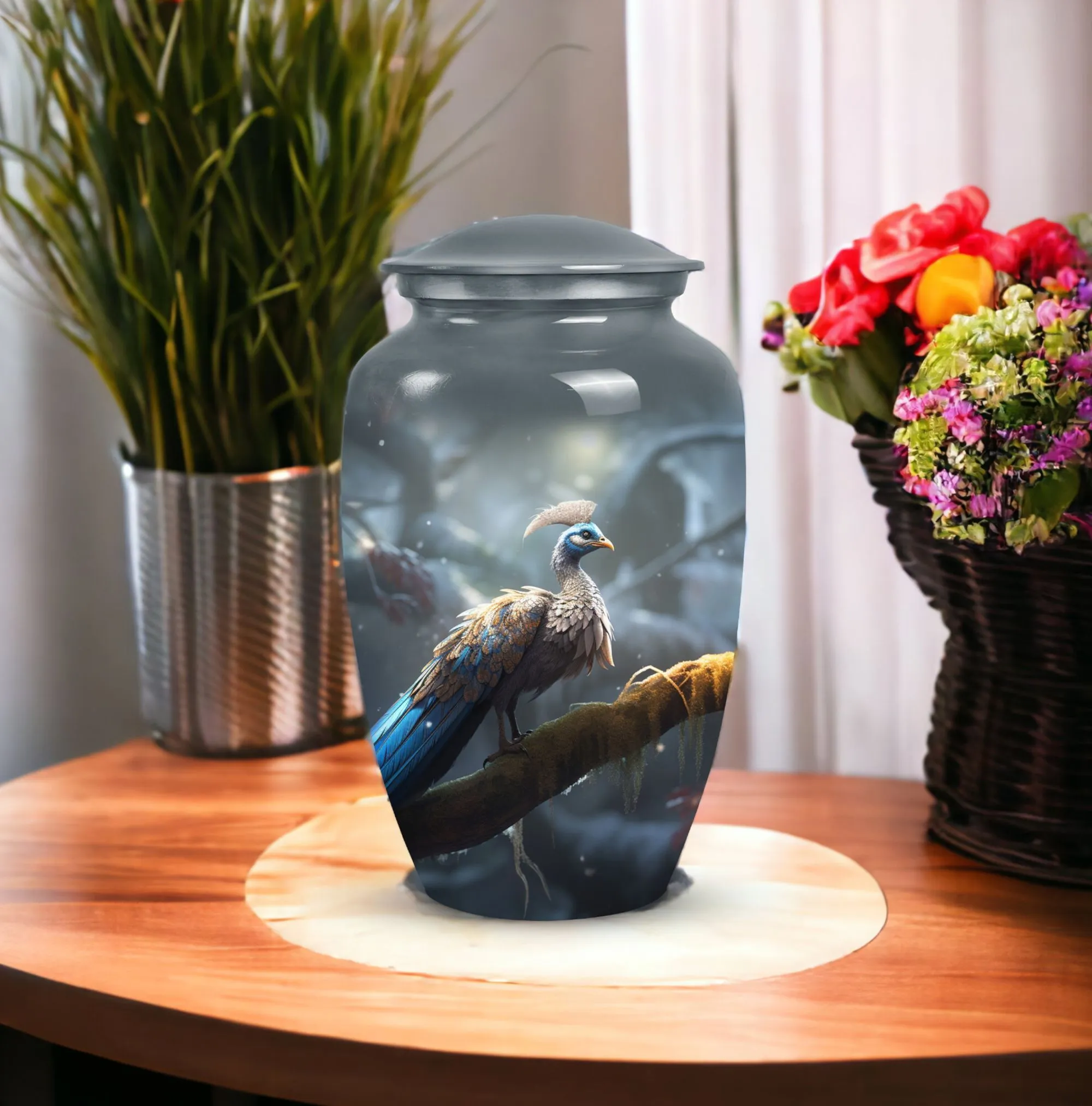 Dancing Peacock Engraved Cremation Urn For Storing Ashes