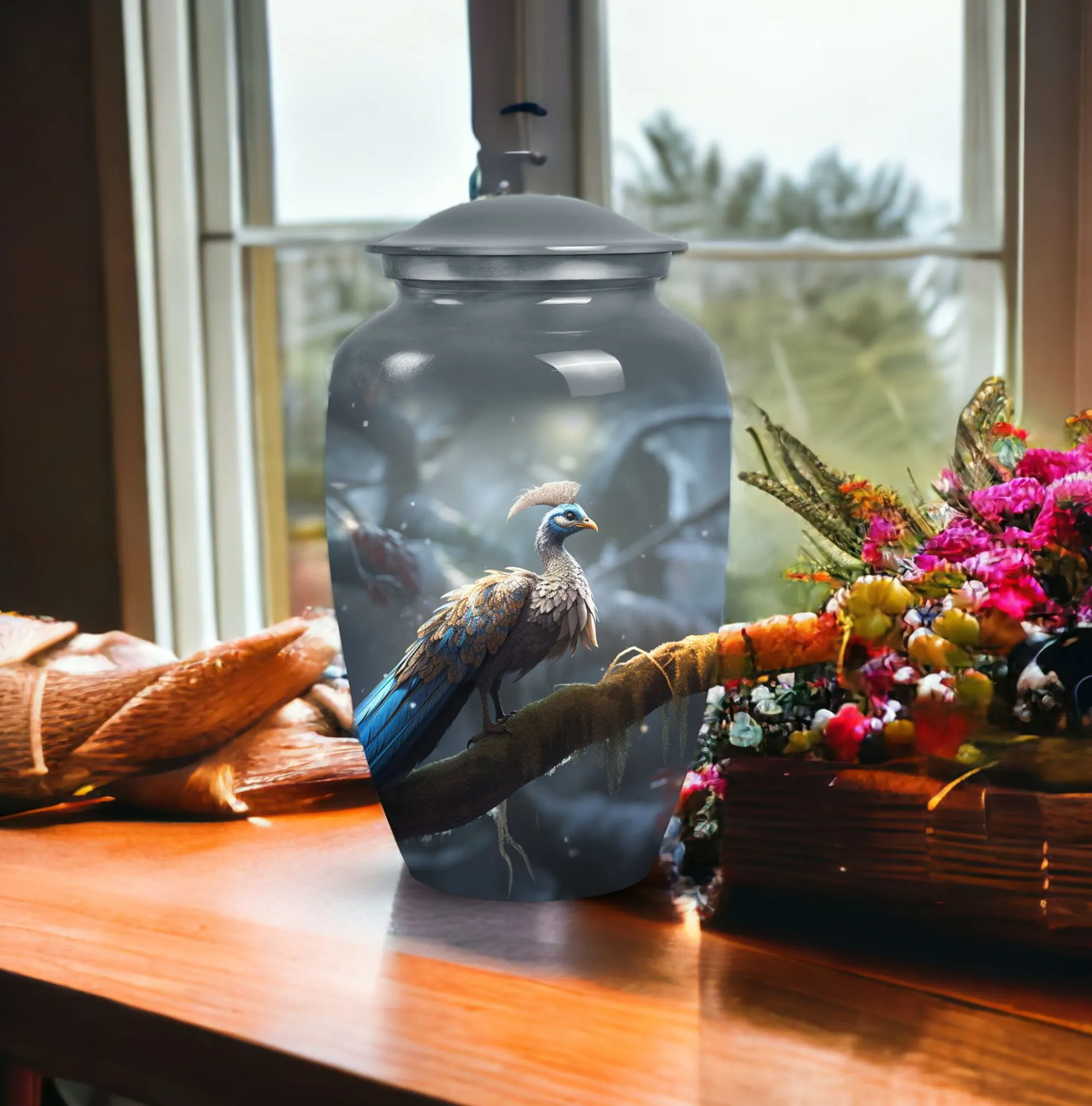 Dancing Peacock Engraved Cremation Urn For Storing Ashes