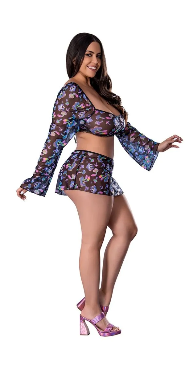 Exposed Magic Silk Glow In The Dark Crop Top, Skirt & G-String Set M376