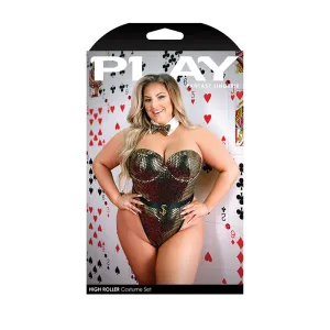 Fantasy Lingerie Play High Roller Costume Sequined Bodysuit With Molded Cups. Snap Closure. & Bowtie Collar Gold XL/2XL