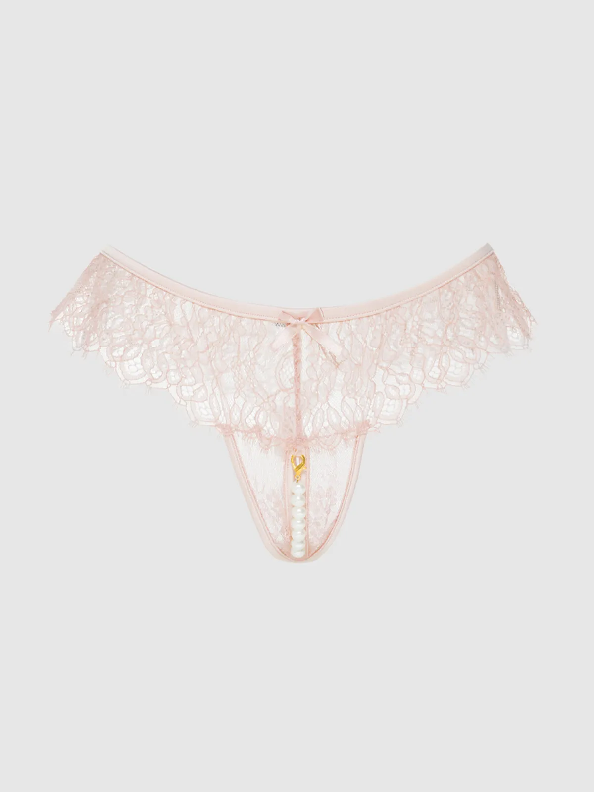 Jocelyn Lace & Pearl Plus Size Open Thong in Baby Pink