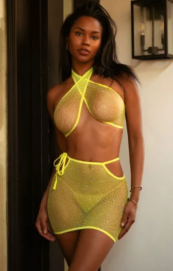 Killer Legs Wrap Around Rhinestone Bodystocking With Thong - Yellow 818JT34