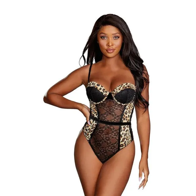 Lenjerie sexy DREAMGIRL NH - Teddy. body cu dantelă și model leopard. culoare negru. marime XL (model 11791)