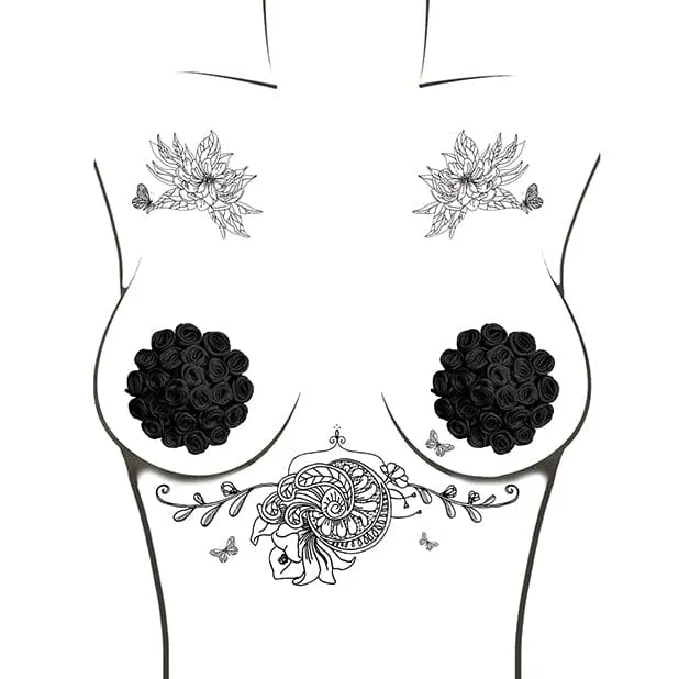 Neva Nude - Burlesque Nightfall Roses Reusable Silicone Pasties Nipple Covers O/S (Black)