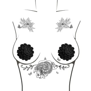 Neva Nude - Burlesque Nightfall Roses Reusable Silicone Pasties Nipple Covers O/S (Black)