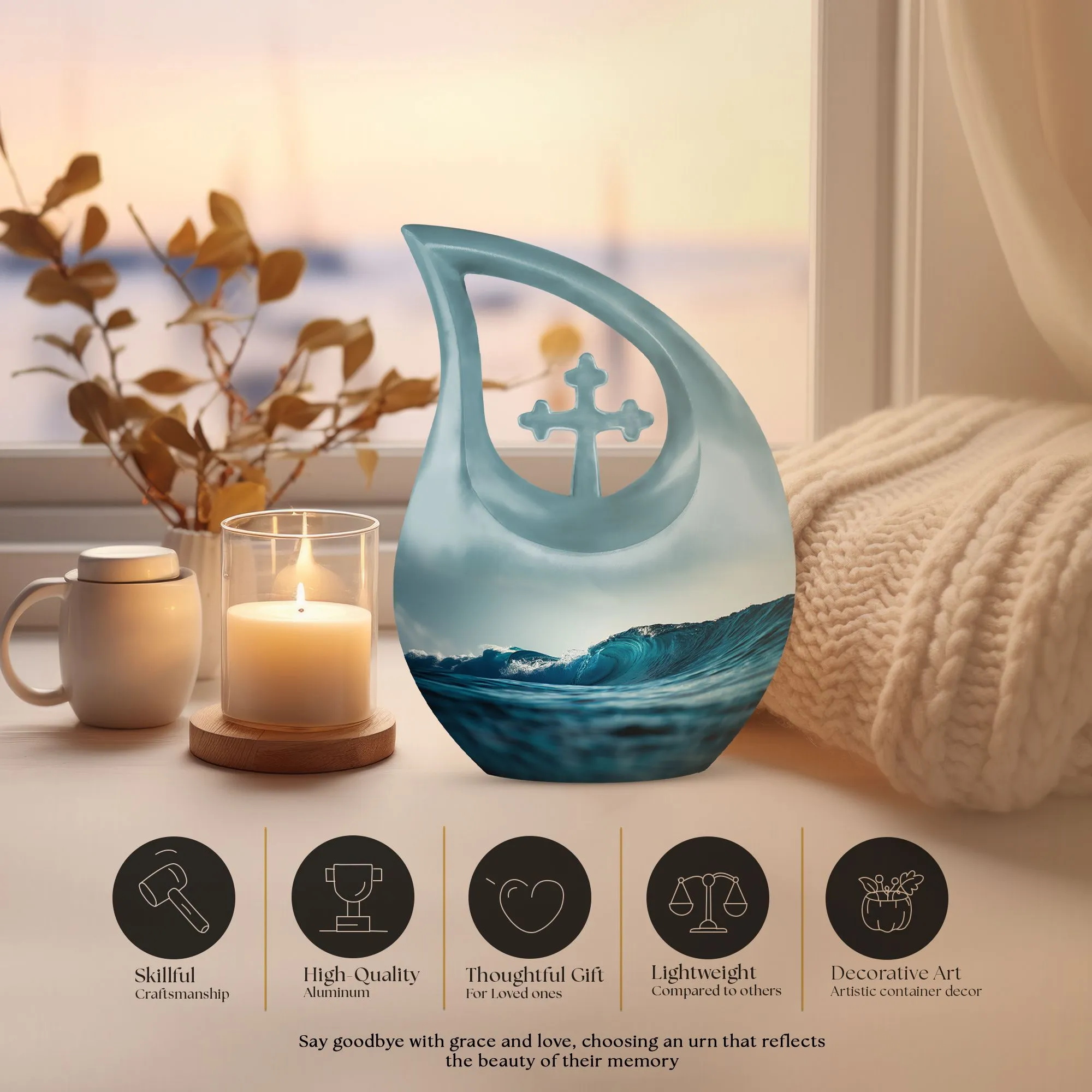 Ocean Waves Urn: Embracing Cross Drop Memorial Keepsake Urn