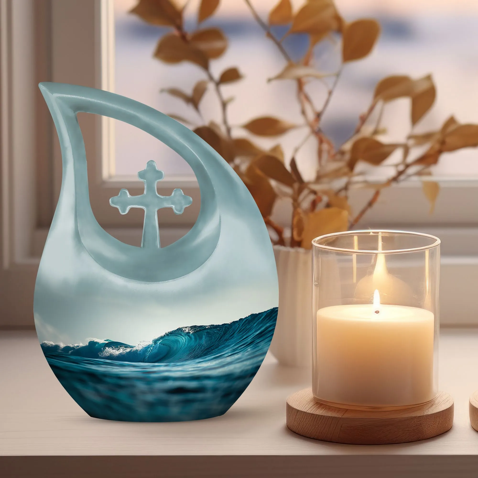 Ocean Waves Urn: Embracing Cross Drop Memorial Keepsake Urn