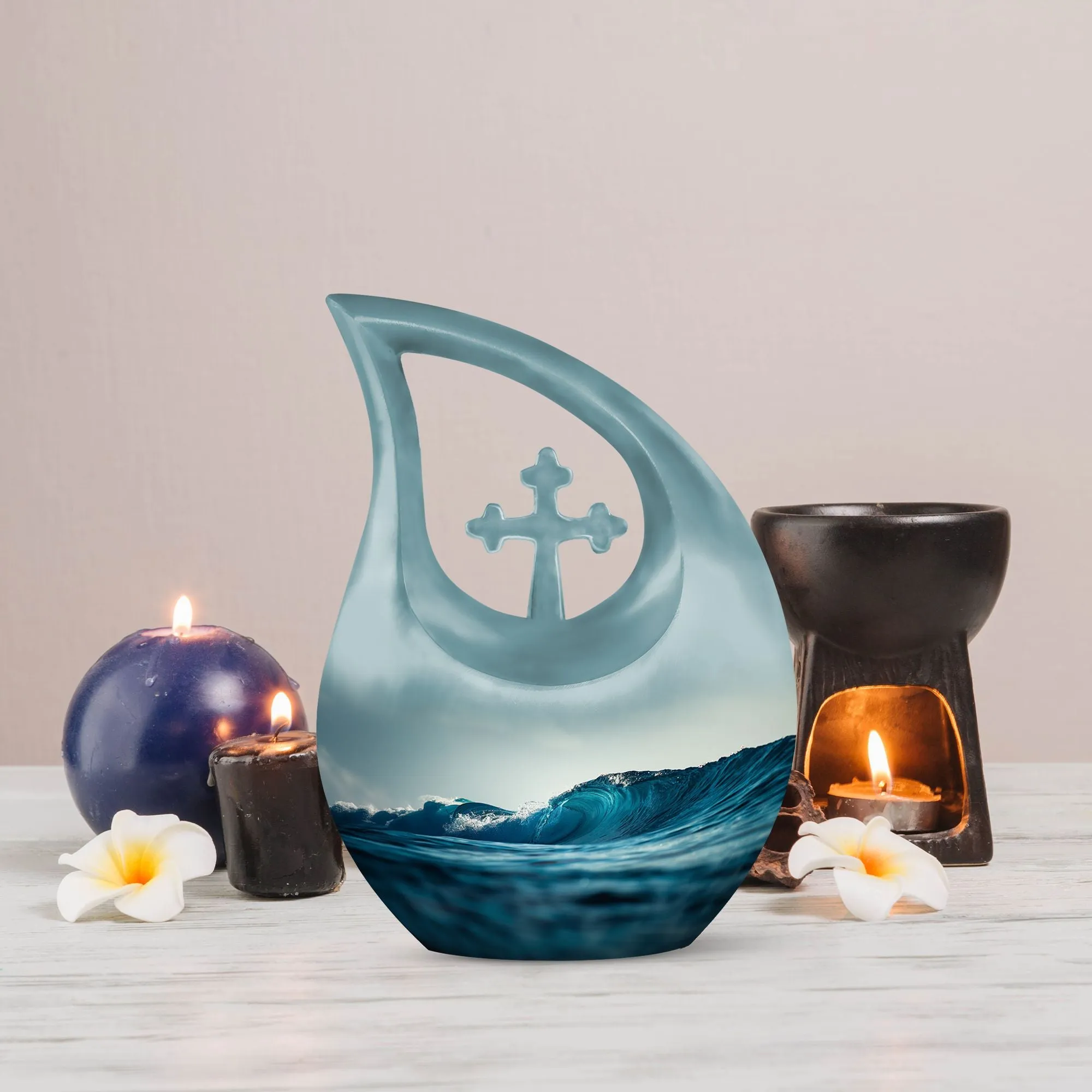 Ocean Waves Urn: Embracing Cross Drop Memorial Keepsake Urn