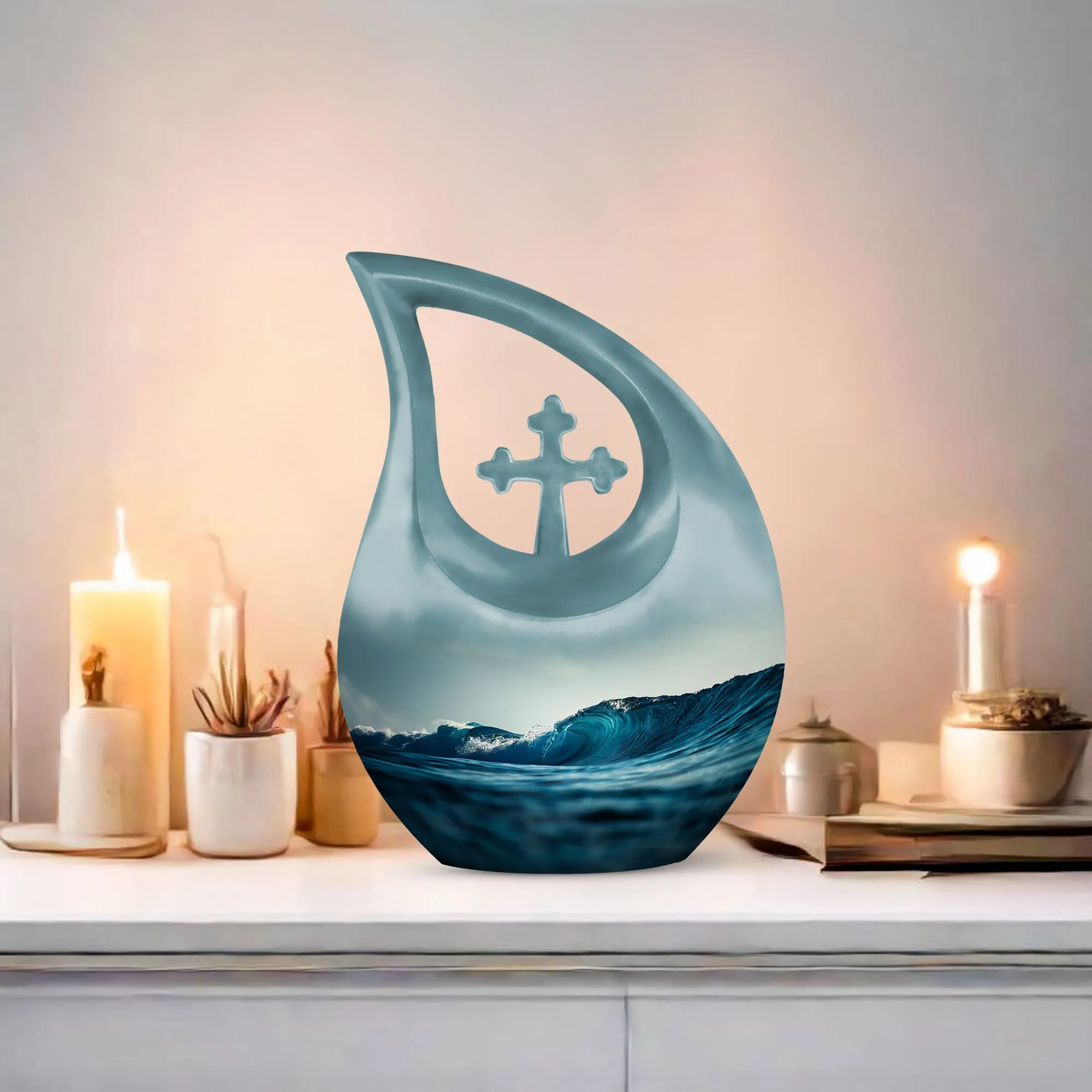 Ocean Waves Urn: Embracing Cross Drop Memorial Keepsake Urn
