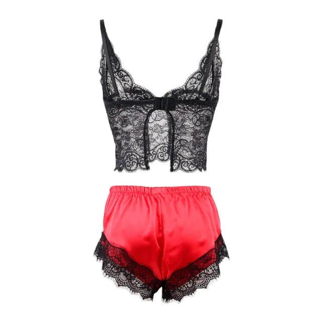 Pijamale sexy SUBBLIME Casual Silk Nightgown. maiou din dantelă   pantaloni scurți din satin. negru cu roșu. mărime S/M. model 953959