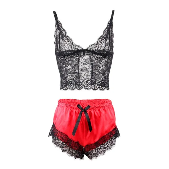 Pijamale sexy SUBBLIME Casual Silk Nightgown. maiou din dantelă   pantaloni scurți din satin. negru cu roșu. mărime S/M. model 953959