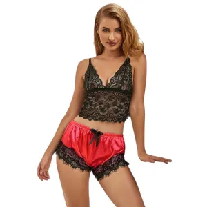 Pijamale sexy SUBBLIME Casual Silk Nightgown. maiou din dantelă   pantaloni scurți din satin. negru cu roșu. mărime S/M. model 953959